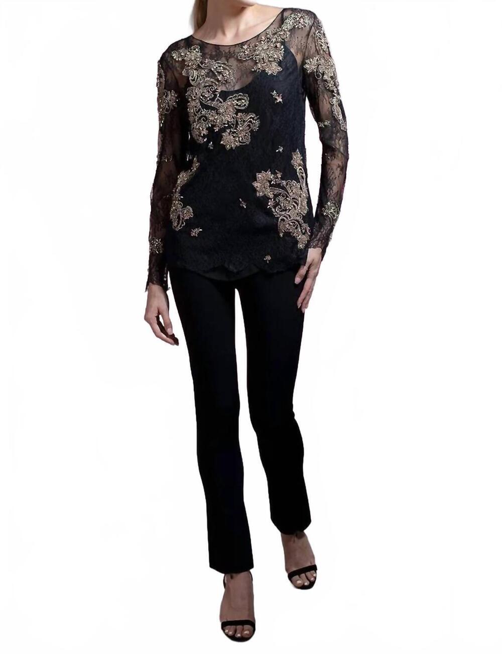 NEW MARCHESA chantilly lace top with crystals in black